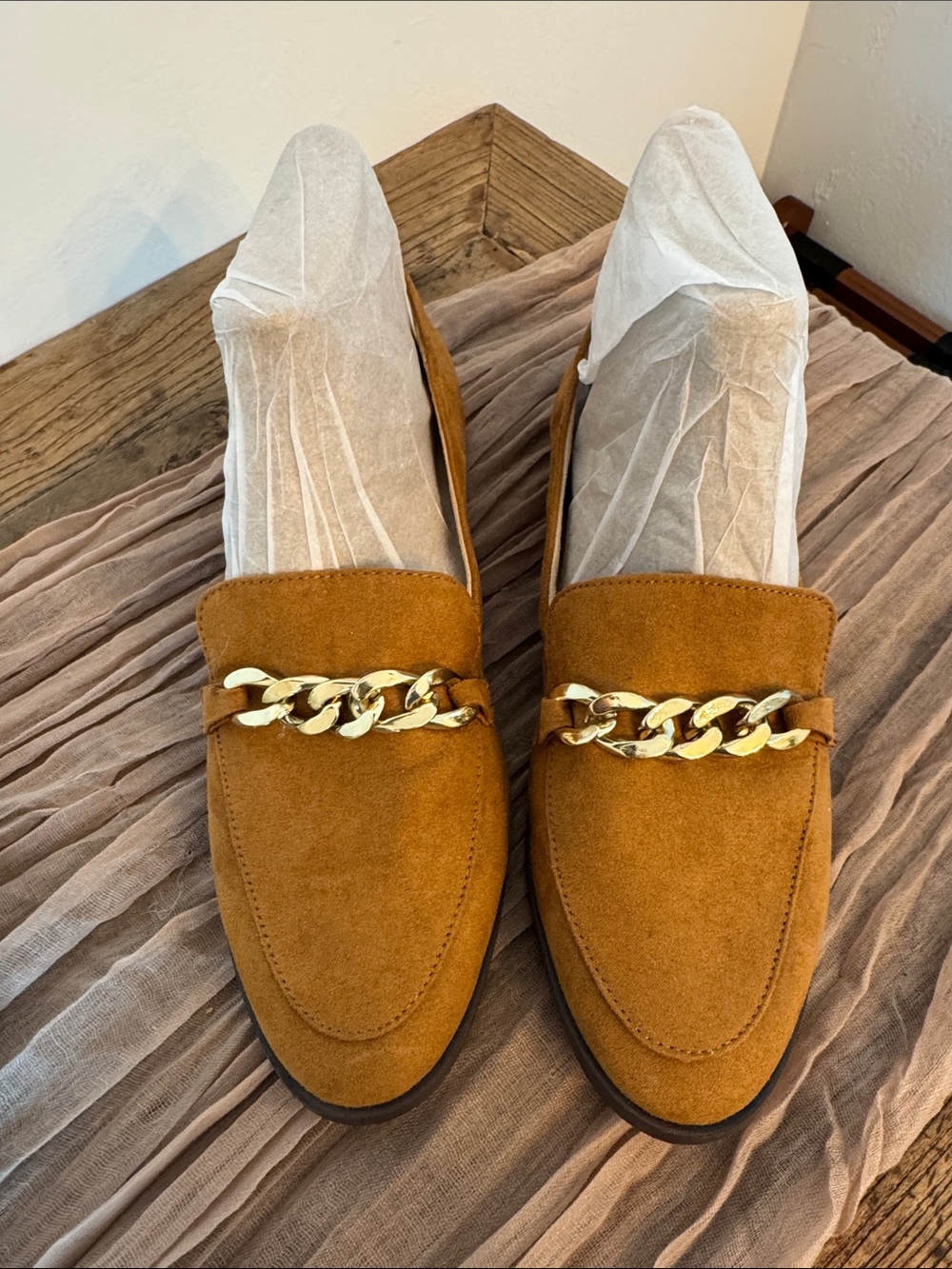 The Loft Women's Tan Suede Loafers with Gold Chain Accent